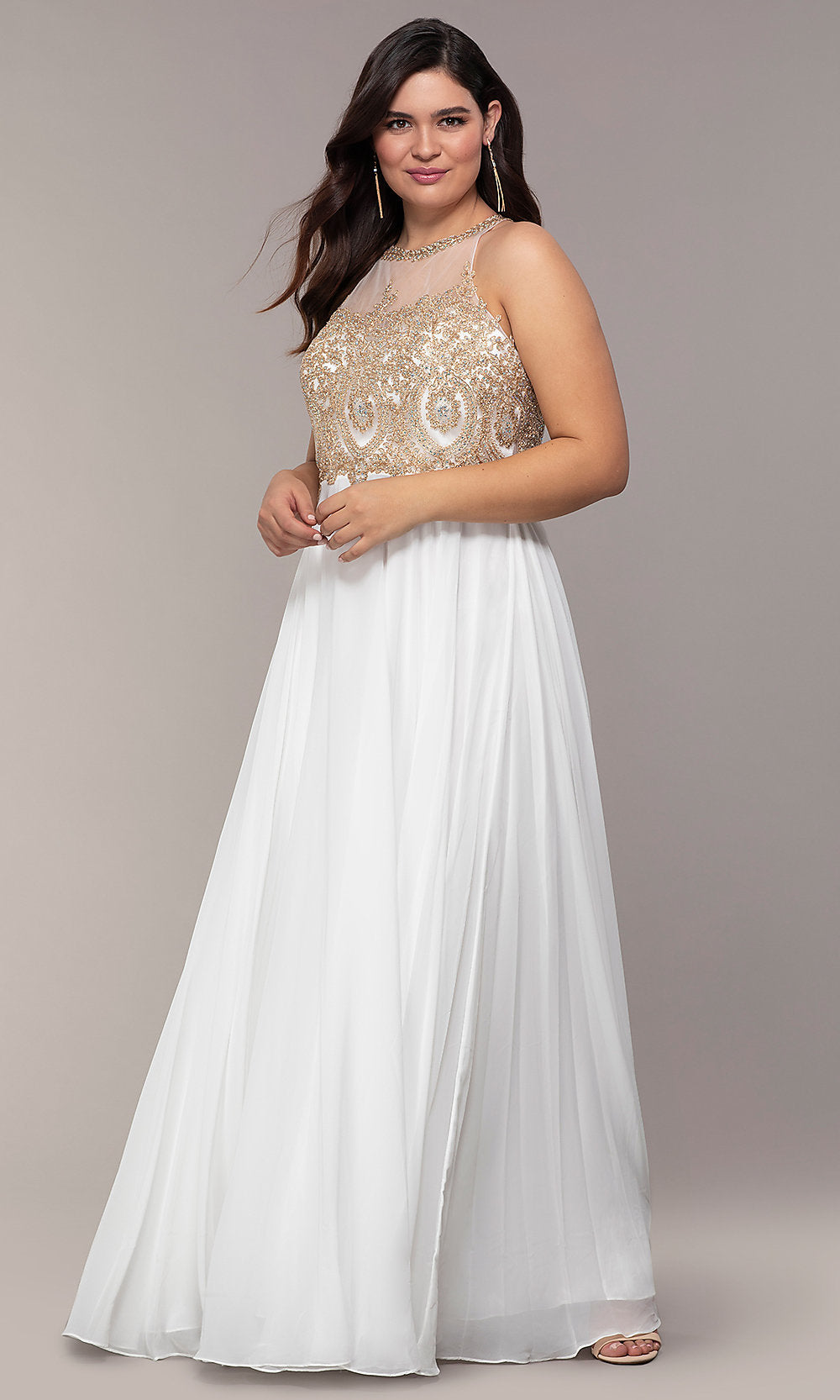 A woman models the Long Chiffon Embroidered-Bodice Prom Dress, featuring intricate embroidery and a flowing skirt, set against a neutral background.